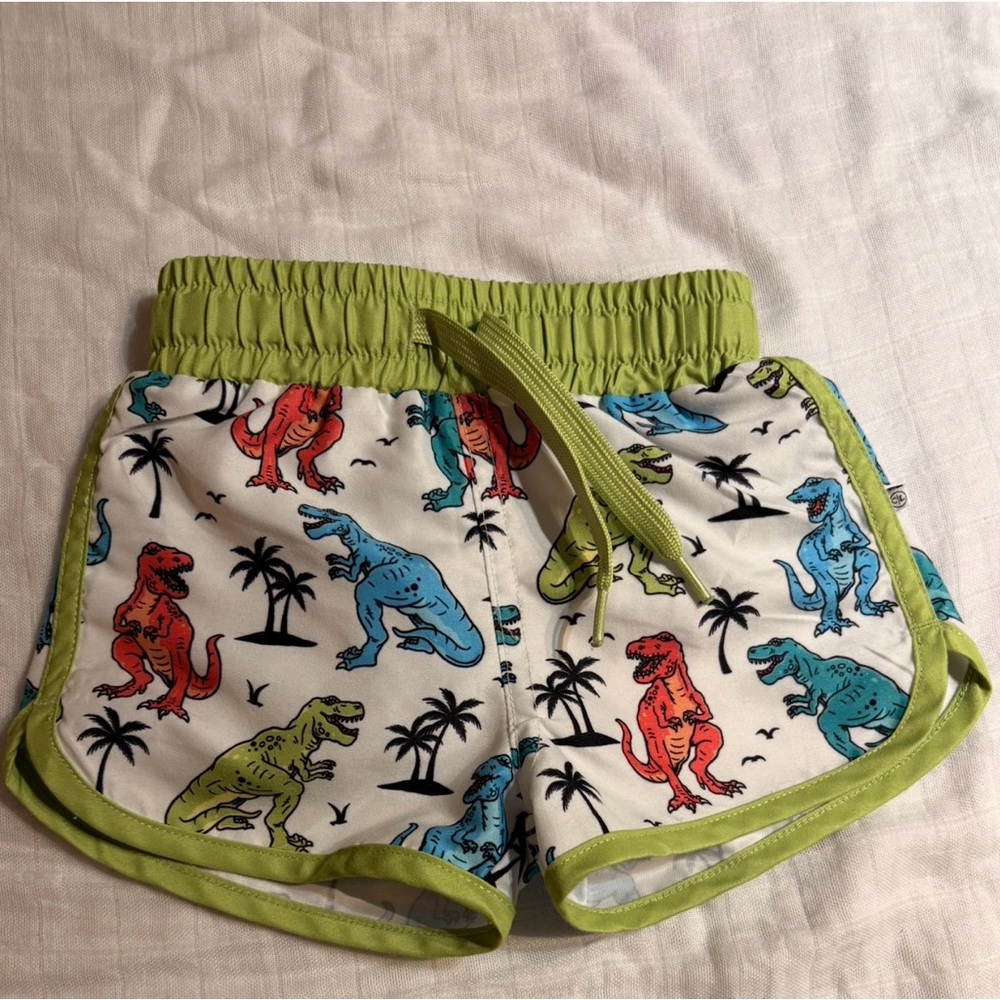 Caden Lane Dinosaur Print Kids Swim Trunks - Green, Red, Blue (washed not worn)